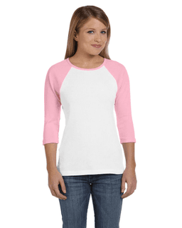 Sample of Bella B2000 - Ladies' Baby Rib 3/4-Sleeve Contrast Raglan T-Shirt in WHITE PINK from side front