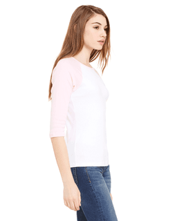Sample of Bella B2000 - Ladies' Baby Rib 3/4-Sleeve Contrast Raglan T-Shirt in WHITE PINK from side sleeveleft