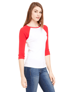 Sample of Bella B2000 - Ladies' Baby Rib 3/4-Sleeve Contrast Raglan T-Shirt in WHITE RED from side sleeveleft