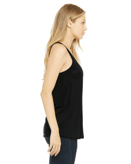 Sample of Ladies' Flowy Racerback Tank in SOLID BLACK SLUB from side sleeveleft