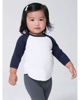 Sample of American Apparel BB053W Infant Poly-Cotton 3/4-Sleeve T-Shirt in WHITE NAVY from side front