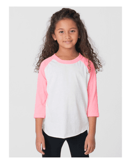 Sample of American Apparel BB153W Toddler Poly-Cotton 3/4-Sleeve T-Shirt in WHT NEO HTR PNK from side front