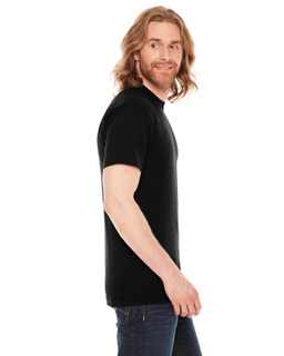 Sample of American Apparel BB401 Unisex Poly-Cotton USA?Made Crewneck T-Shirt in BLACK from side sleeveleft