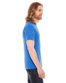 Sample of American Apparel BB401 Unisex Poly-Cotton USA?Made Crewneck T-Shirt in HTHR LAKE BLUE from side sleeveleft