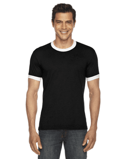 Sample of American Apparel BB410 Unisex Poly-Cotton Short-Sleeve Ringer T-Shirt in BLACK WHITE from side front