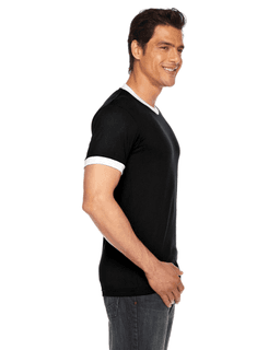 Sample of American Apparel BB410 Unisex Poly-Cotton Short-Sleeve Ringer T-Shirt in BLACK WHITE from side sleeveleft