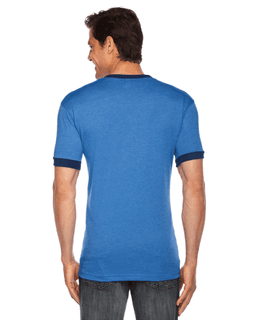 Sample of American Apparel BB410 Unisex Poly-Cotton Short-Sleeve Ringer T-Shirt in HTH LK BLUE NVY from side back
