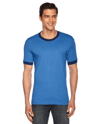 Sample of American Apparel BB410 Unisex Poly-Cotton Short-Sleeve Ringer T-Shirt in HTH LK BLUE NVY style