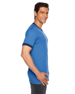 Sample of American Apparel BB410 Unisex Poly-Cotton Short-Sleeve Ringer T-Shirt in HTH LK BLUE NVY from side sleeveleft