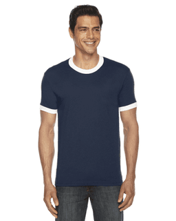 Sample of American Apparel BB410 Unisex Poly-Cotton Short-Sleeve Ringer T-Shirt in NAVY WHITE from side front
