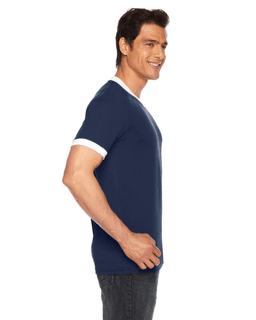 Sample of American Apparel BB410 Unisex Poly-Cotton Short-Sleeve Ringer T-Shirt in NAVY WHITE from side sleeveleft