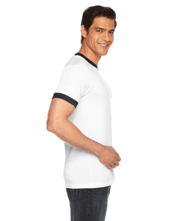 Sample of American Apparel BB410 Unisex Poly-Cotton Short-Sleeve Ringer T-Shirt in WHITE BLACK from side sleeveleft
