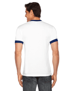 Sample of American Apparel BB410 Unisex Poly-Cotton Short-Sleeve Ringer T-Shirt in WHITE NAVY from side back