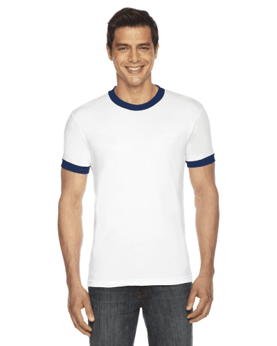 Sample of American Apparel BB410 Unisex Poly-Cotton Short-Sleeve Ringer T-Shirt in WHITE NAVY style