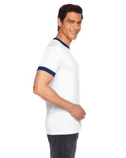 Sample of American Apparel BB410 Unisex Poly-Cotton Short-Sleeve Ringer T-Shirt in WHITE NAVY from side sleeveleft