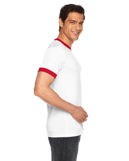 Sample of American Apparel BB410 Unisex Poly-Cotton Short-Sleeve Ringer T-Shirt in WHITE RED from side sleeveleft
