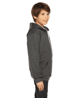 Sample of American Apparel F297 Youth Flex Fleece Zip Hoodie in DK HEATHER GREY from side sleeveleft