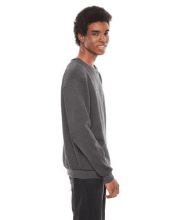 Sample of American Apparel F496 Unisex Flex Fleece Drop Shoulder Pullover Crewneck in DK HEATHER GREY from side sleeveleft