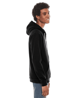 Sample of American Apparel F497 Unisex Flex Fleece USA Made Zip Hoodie in BLACK from side sleeveleft