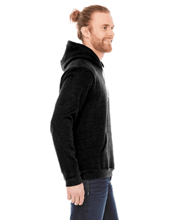 Sample of American Apparel F498 Unisex Flex Fleece Drop Shoulder Pullover Hoodie in BLACK from side sleeveleft