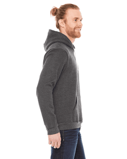 Sample of American Apparel F498 Unisex Flex Fleece Drop Shoulder Pullover Hoodie in DK HEATHER GREY from side sleeveleft