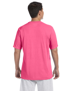 Sample of Gildan G420 - Adult Performance 100% Polyester Tee in SAFETY PINK from side back