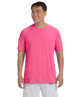 Sample of Gildan G420 - Adult Performance 100% Polyester Tee in SAFETY PINK from side front