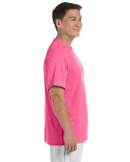 Sample of Gildan G420 - Adult Performance 100% Polyester Tee in SAFETY PINK from side sleeveleft