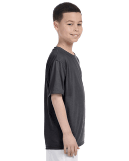 Sample of Gildan G420B - Youth Performance 100% Polyester T in CHARCOAL from side sleeveleft