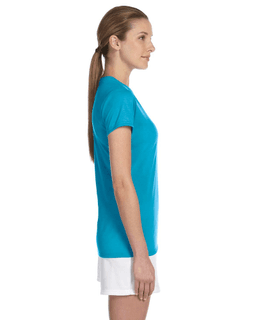 Sample of Gildan G420L - Ladies' Performance 100% Polyester Tee in CAROLINA BLUE from side sleeveleft
