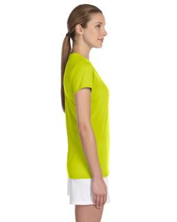 Sample of Gildan G420L - Ladies' Performance 100% Polyester Tee in SAFETY GREEN from side sleeveleft