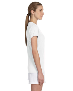 Sample of Gildan G420L - Ladies' Performance 100% Polyester Tee in WHITE from side sleeveleft