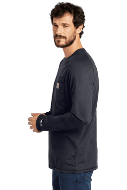 Sample of Carhartt Force Cotton Delmont Long Sleeve T-Shirt in Navy from side sleeveleft