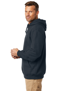 Sample of Carhartt Midweight Hooded Sweatshirt in New Navy from side sleeveleft