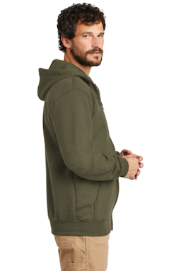Sample of Carhartt Midweight Hooded Zip-Front Sweatshirt in Moss from side sleeveleft