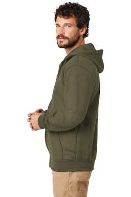 Sample of Carhartt Midweight Hooded Zip-Front Sweatshirt in Moss from side sleeveright