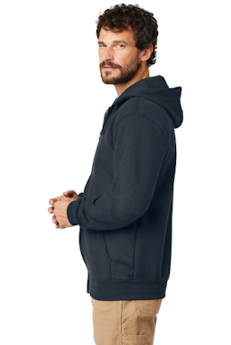 Sample of Carhartt Midweight Hooded Zip-Front Sweatshirt in New Navy from side sleeveright