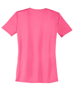 Sample of Port & Company Ladies Essential Performance Tee in Neon Pink from side back