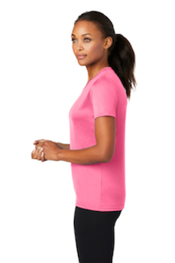 Sample of Port & Company Ladies Essential Performance Tee in Neon Pink from side sleeveleft