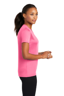 Sample of Port & Company Ladies Essential Performance Tee in Neon Pink from side sleeveright