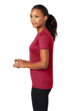 Sample of Port & Company Ladies Essential Performance Tee in Red from side sleeveleft