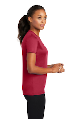 Sample of Port & Company Ladies Essential Performance Tee in Red from side sleeveright