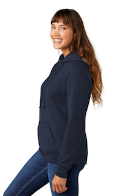 Sample of Port & Company Ladies Core Fleece Pullover Hooded Sweatshirt LPC78H in Navy from side sleeveleft