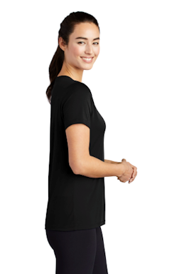 Sample of Sport-Tek Ladies Posi-UV Pro Scoop Neck Tee in Black from side sleeveleft