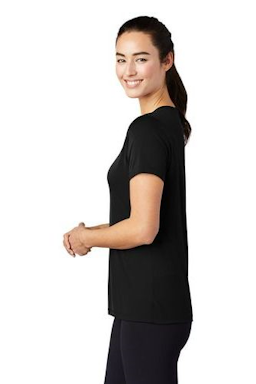 Sample of Sport-Tek Ladies Posi-UV Pro Scoop Neck Tee in Black from side sleeveright
