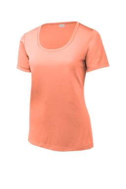 Sample of Sport-Tek Ladies Posi-UV Pro Scoop Neck Tee in Soft Coral from side front