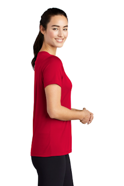 Sample of Sport-Tek Ladies Posi-UV Pro Scoop Neck Tee in True Red from side sleeveleft
