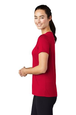 Sample of Sport-Tek Ladies Posi-UV Pro Scoop Neck Tee in True Red from side sleeveright