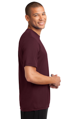 Sample of Port & Company Essential Performance Tee in Ath Maroon from side sleeveleft