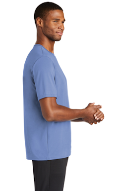 Sample of Port & Company Essential Performance Tee in Carolina Blue from side sleeveleft